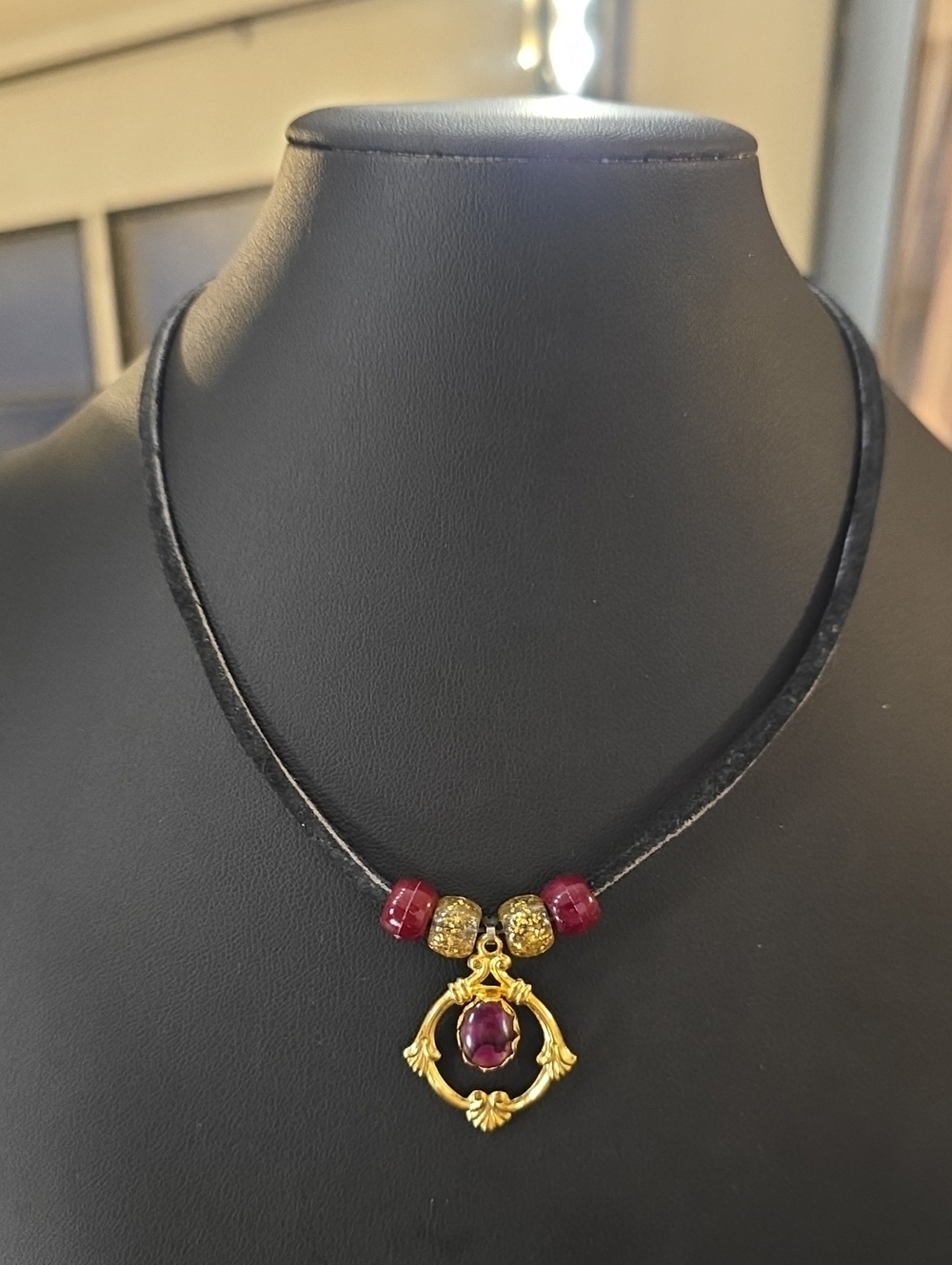 Gold-Tone Purple Pendant Necklace with Red Beads - Women Jewelry